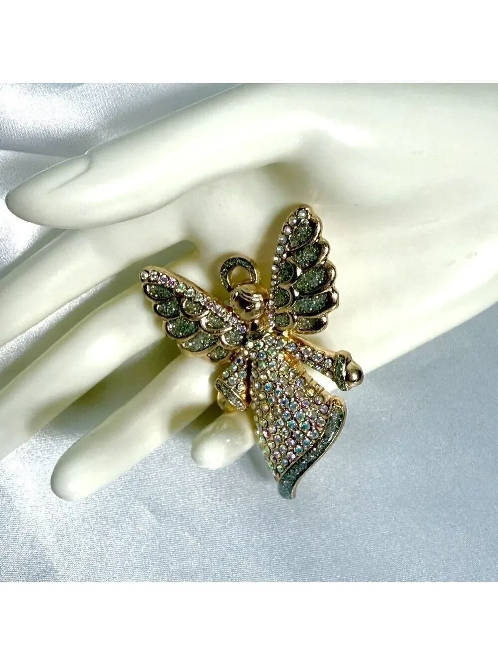 Vintage Angel Brooch Pin Gold Tone Rhinestones